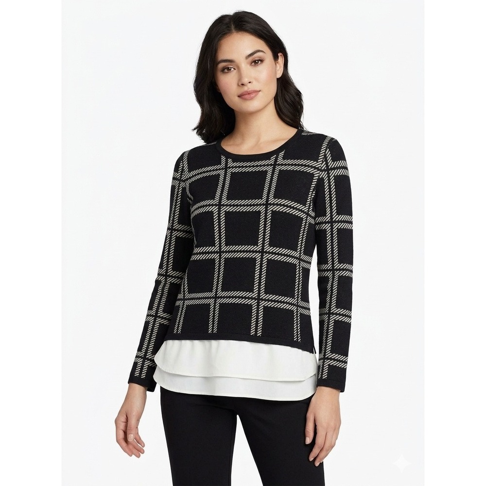 Investments Petites Black White Windowpane Plaid Layered Hem Sweater PS